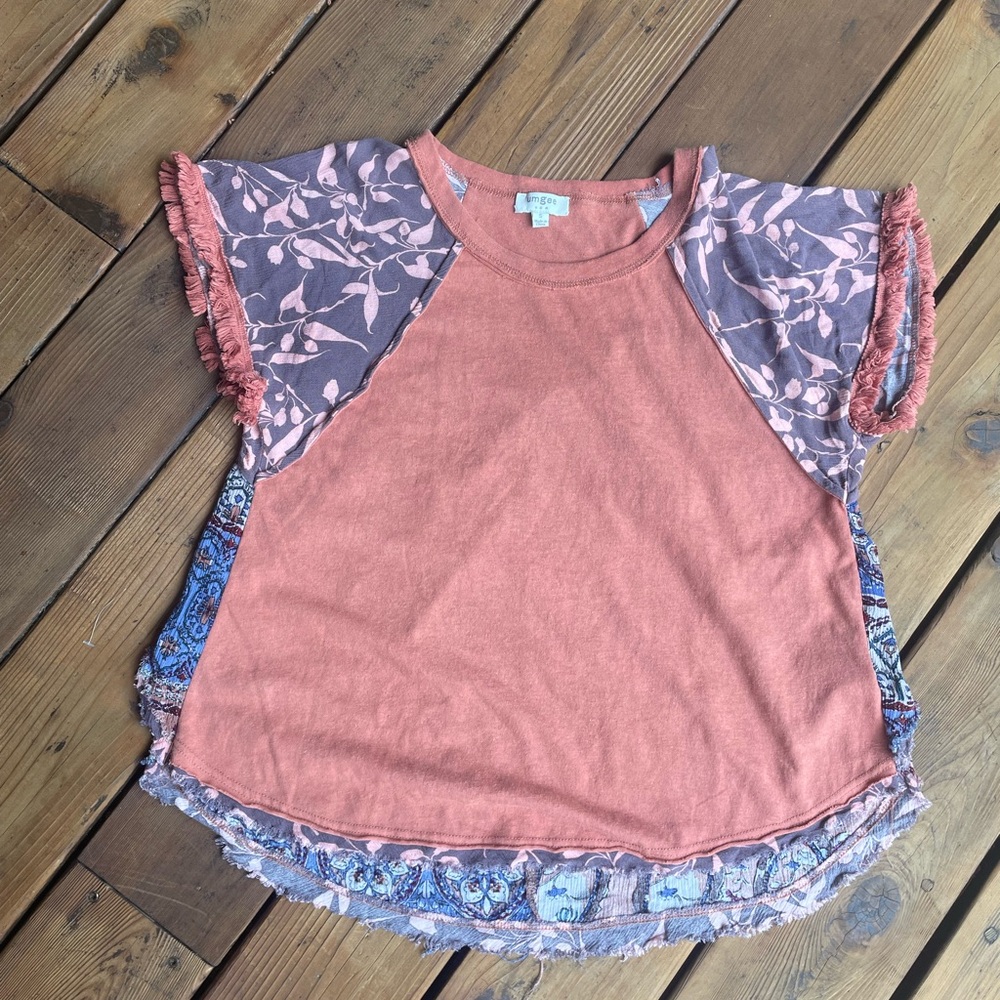 Umgee Terracotta and Floral Short Sleeve Tee